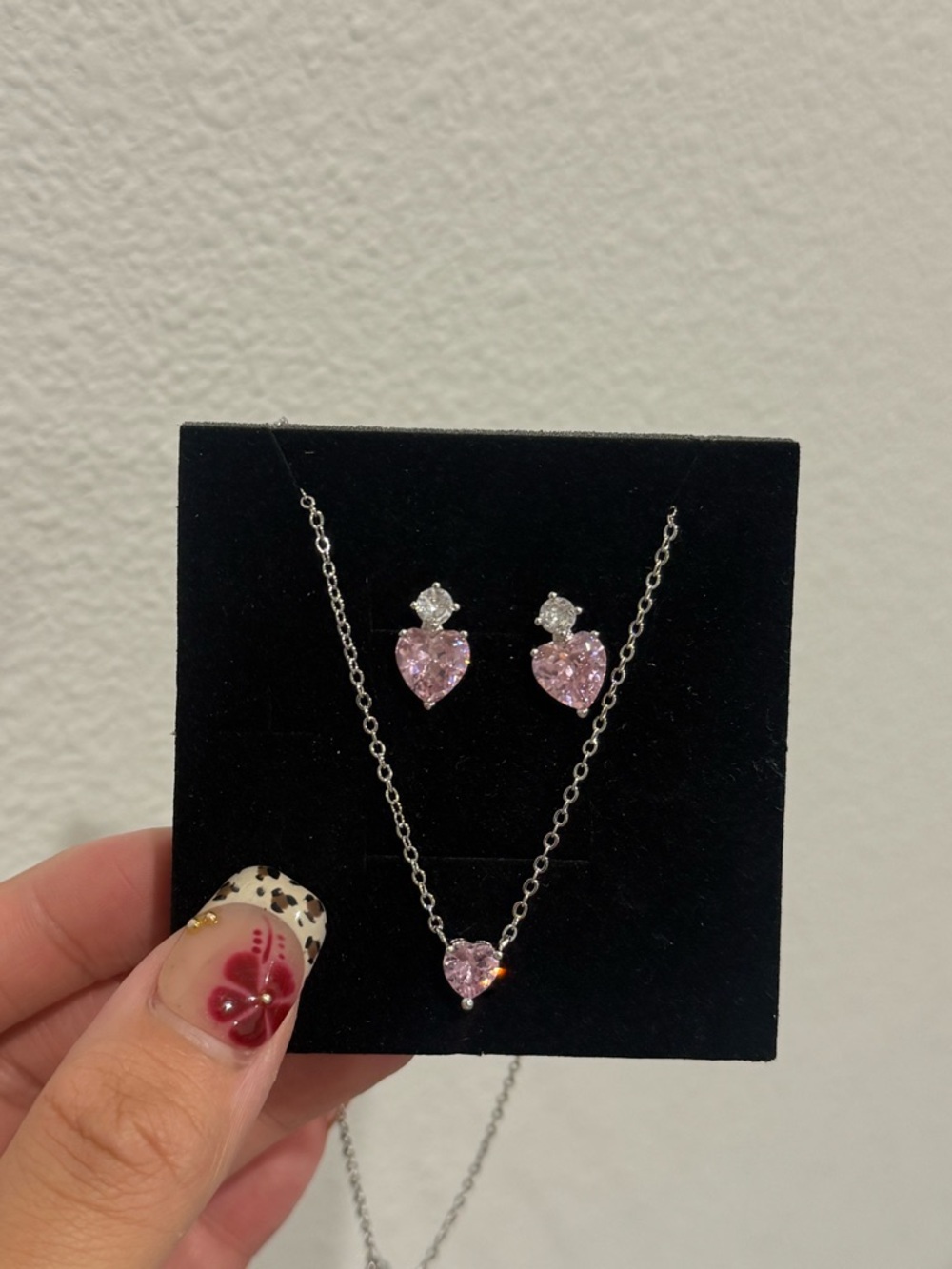 Dainty Pink Heart Necklace & Earrings Set